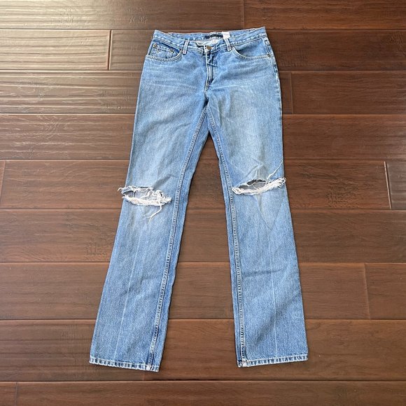 VTG Y2K Marc Jacobs Distressed Tattoo Spider Web Printed Blue Denim Jeans Sz 8 - Picture 1 of 12